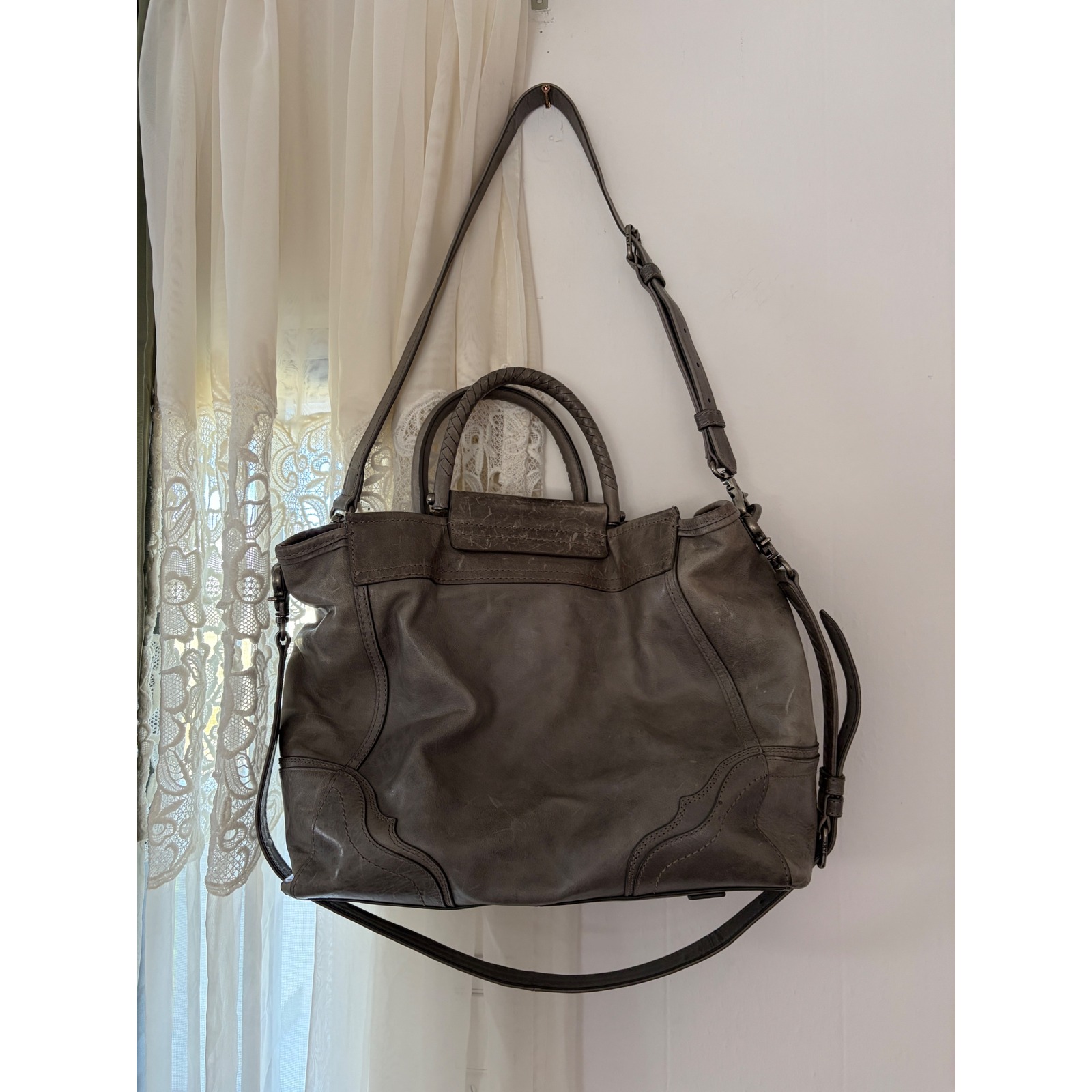 Frye Riviana Tote Handbag Womens Xl Ice Gray Facory Distressed Leather Crossbody
